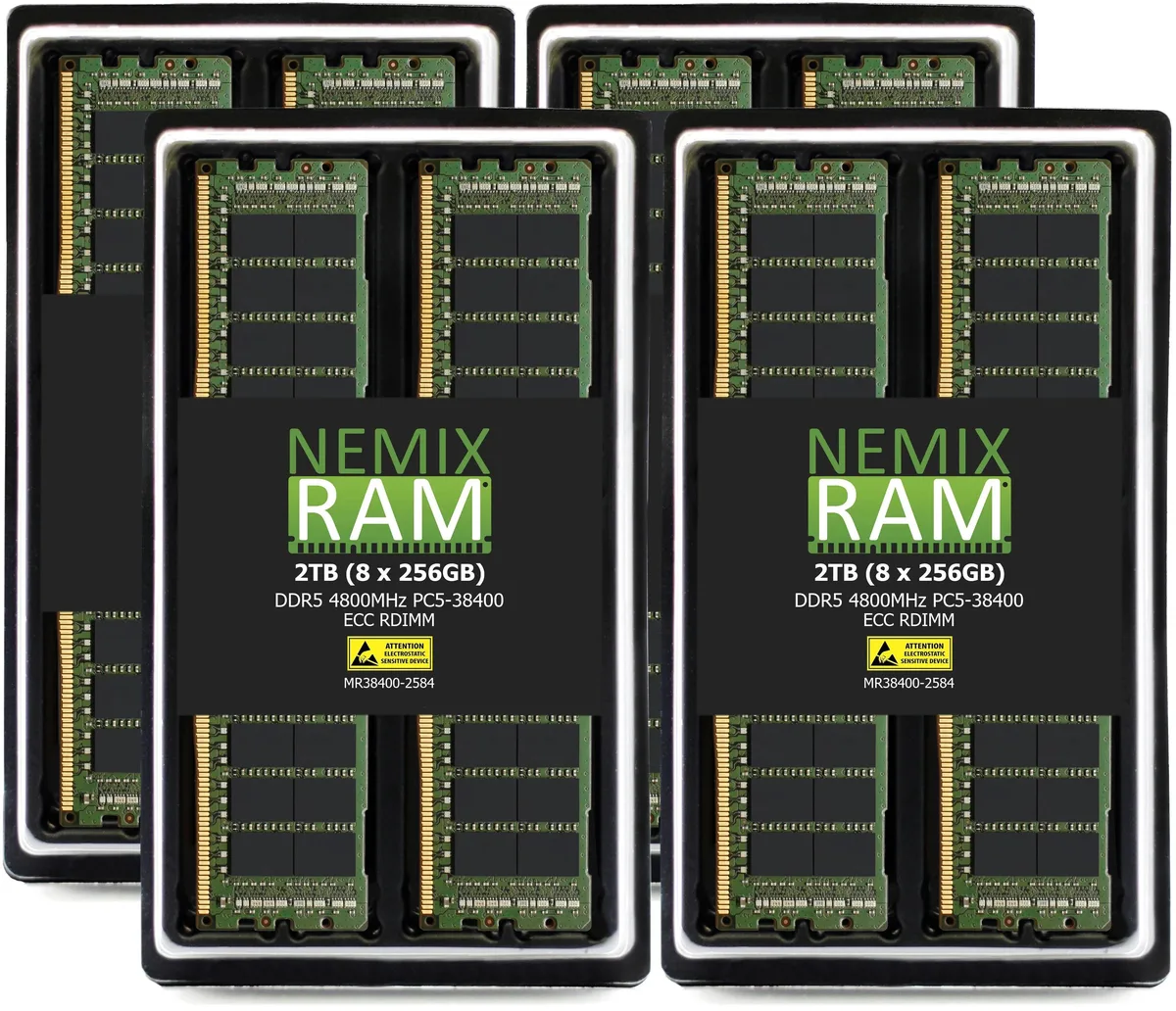 Green DDR5 RDIMM module with black chips and gold contacts