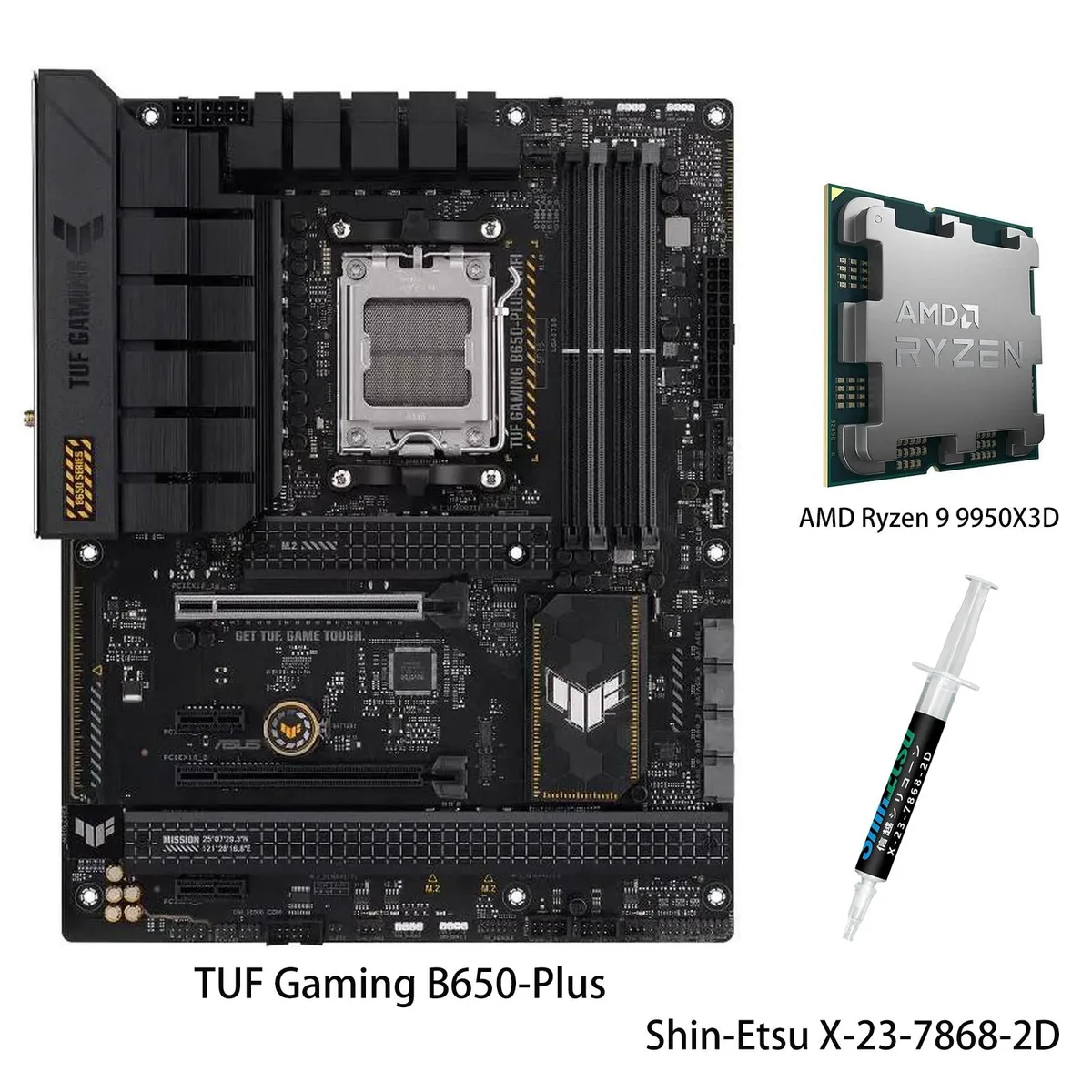 ATX motherboard in grey and yellow with Ryzen 9 9950X3D CPU installed