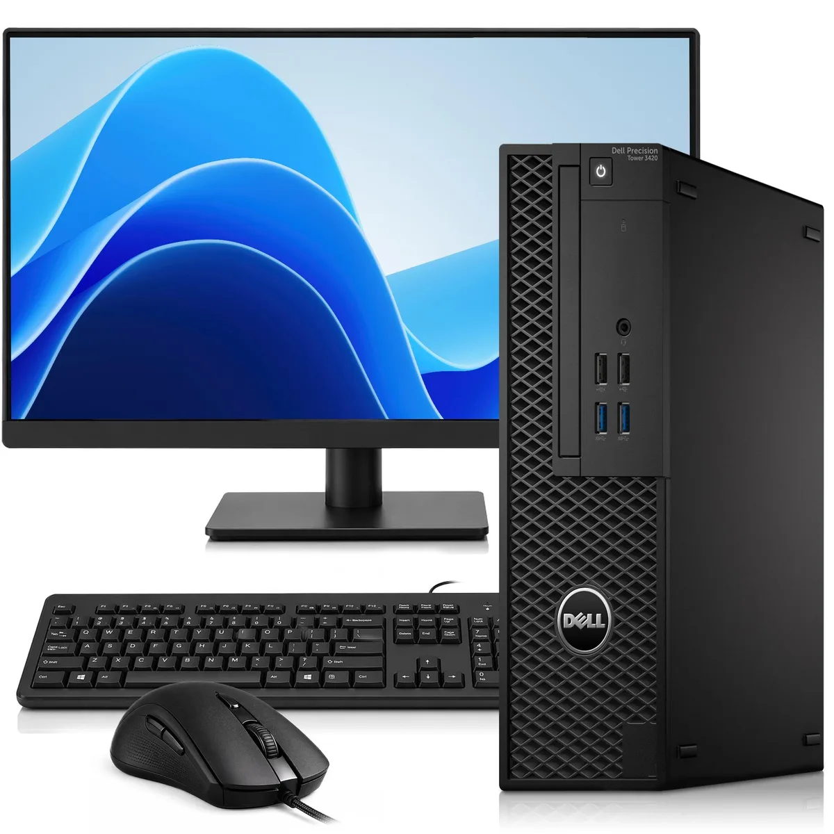 Small black Dell Precision 3420 tower with 24 inch monitor keyboard mouse