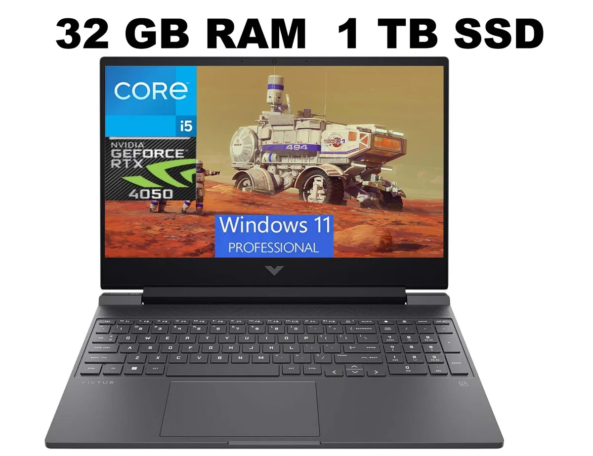 Black 15.6 inch gaming laptop, matte finish, backlit keyboard visible