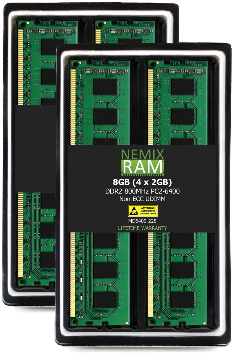 Four green DDR2 UDIMM sticks with black chips, no heat spreaders