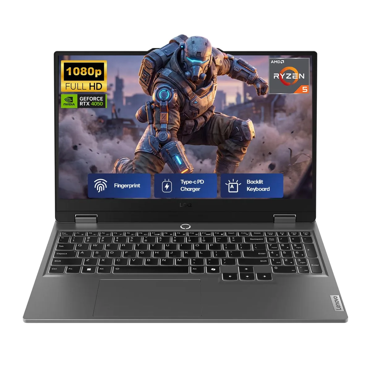 Dark grey 15.6 inch gaming laptop with backlit keyboard and subtle LOQ branding