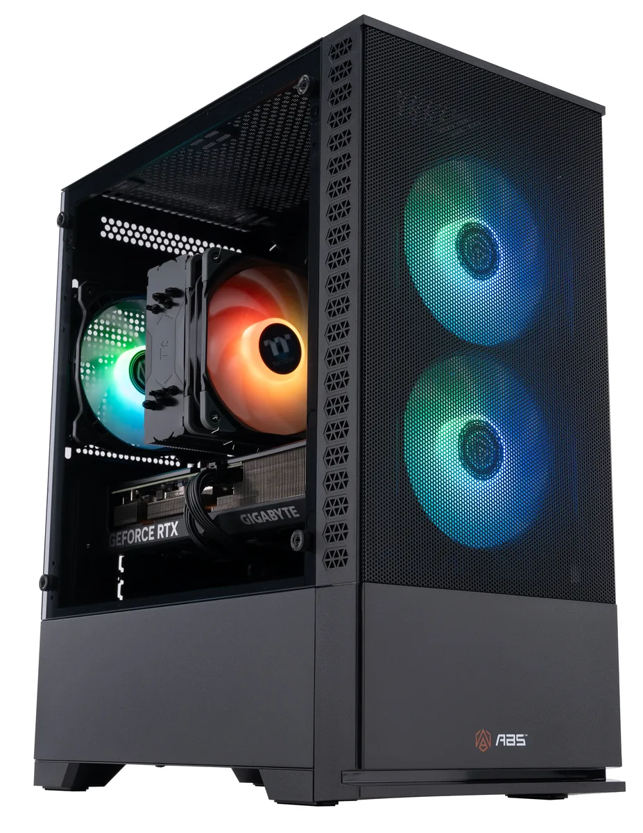 Black mATX gaming tower with glass side panel and RGB lighting visible inside