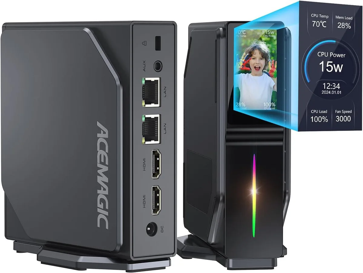 Small square mini PC with front LCD screen and RGB lighting