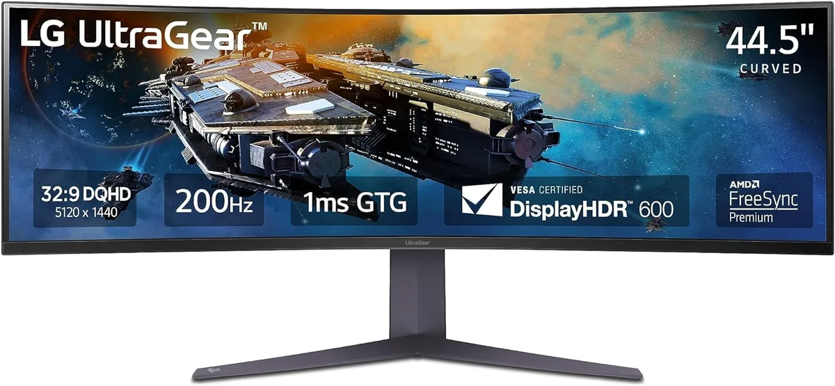 45 inch curved ultra wide monitor with slim bezels and hexagon LED backlighting on adjustable stand
