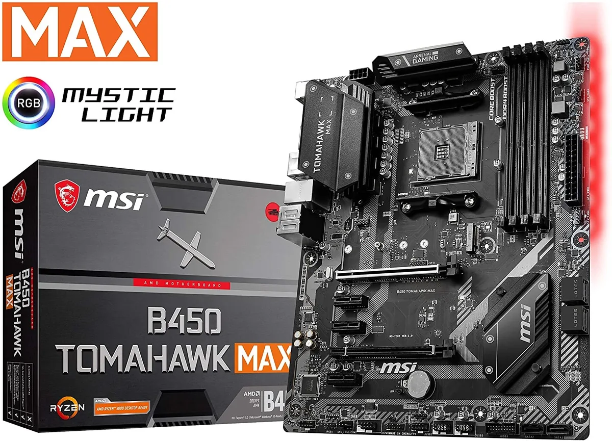 Black ATX motherboard with grey extended heatsinks and reinforced PCIe slots