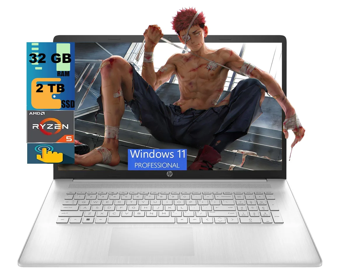 Silver 17.3 inch touchscreen laptop, slim profile, closed lid