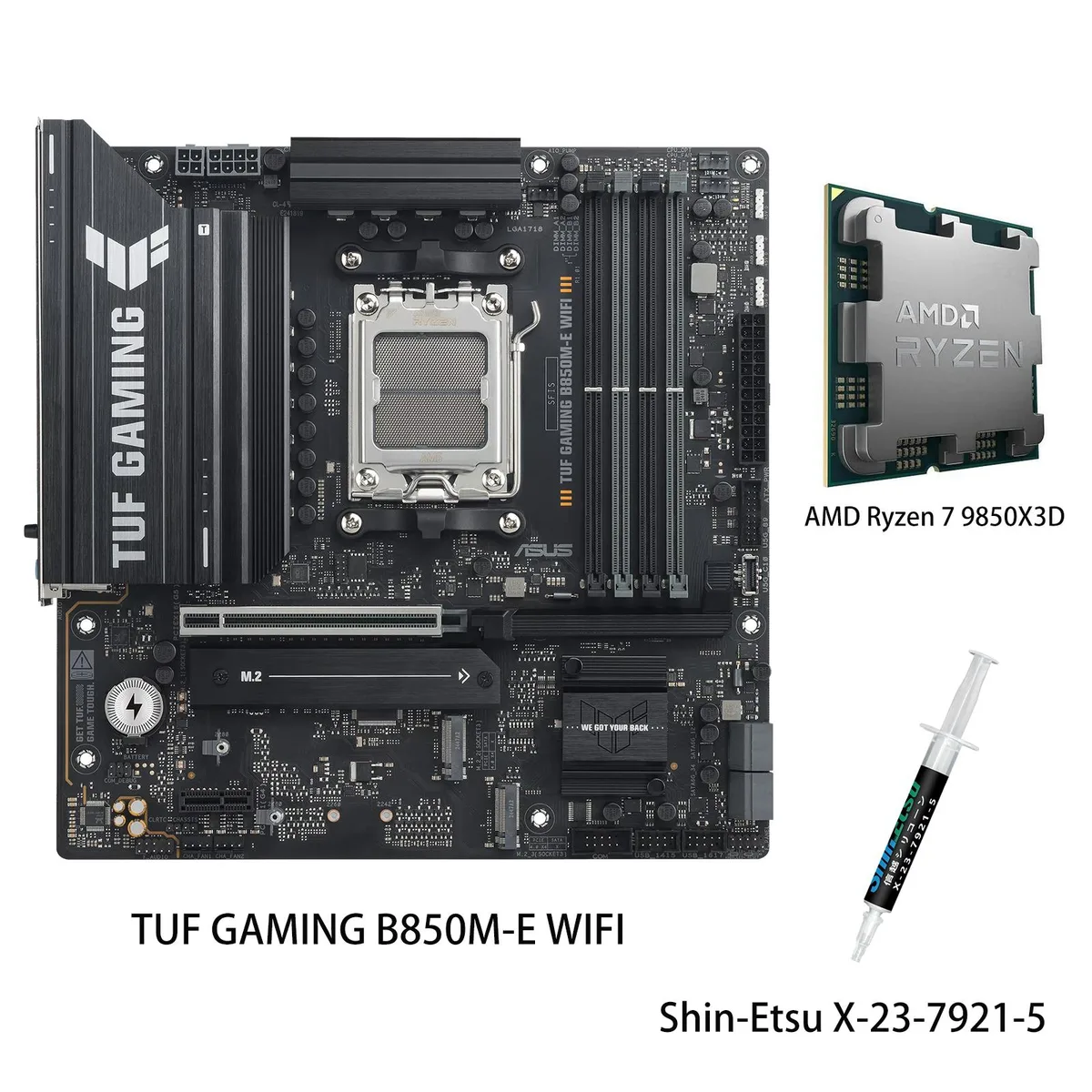 ASUS TUF Gaming B850M-E WIFI mATX motherboard with Ryzen 7 9850X3D CPU, black metallic finish, silver heatsinks