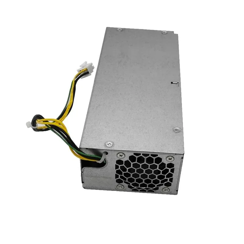 Compact silver ATX power supply unit with rear fan grille and cable bundle