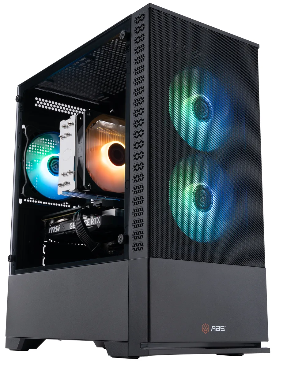 Obsidian black micro-tower gaming desktop with RGB cooler visible