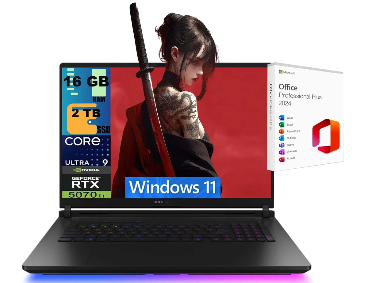 Black eighteen-inch gaming laptop with per-key RGB keyboard and slim profile