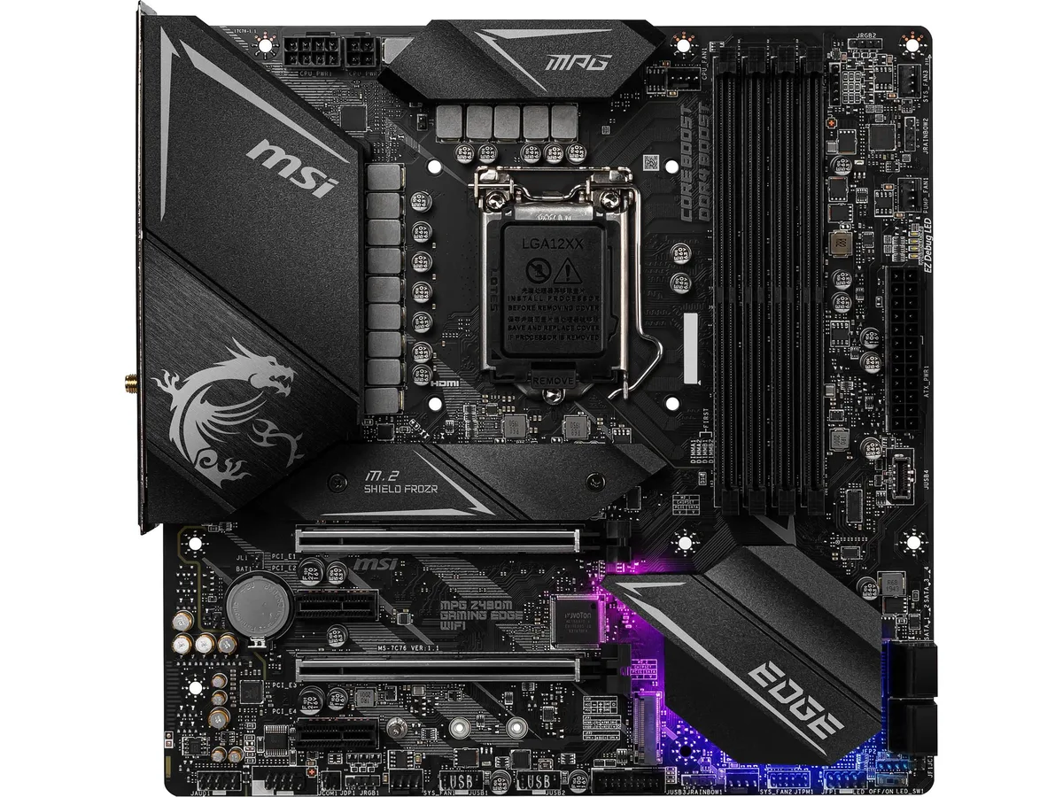 MSI MPG Z490M Gaming Edge WIFI micro ATX motherboard, black PCB with silver heatsinks and rear I/O shield