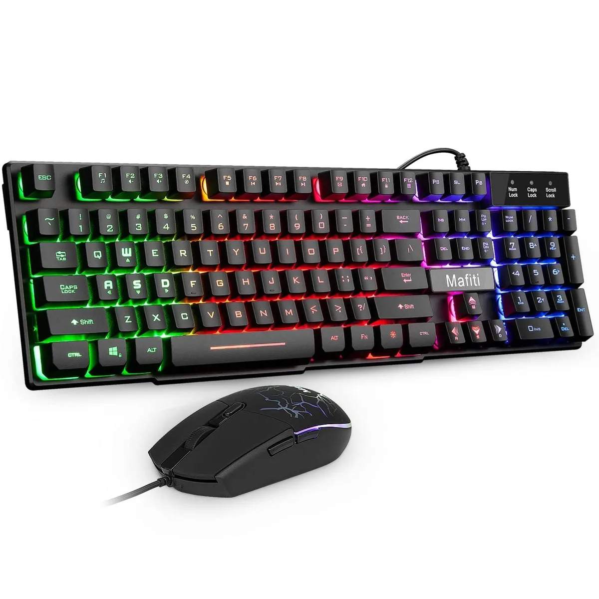 Black wired keyboard and mouse combo with rainbow backlighting