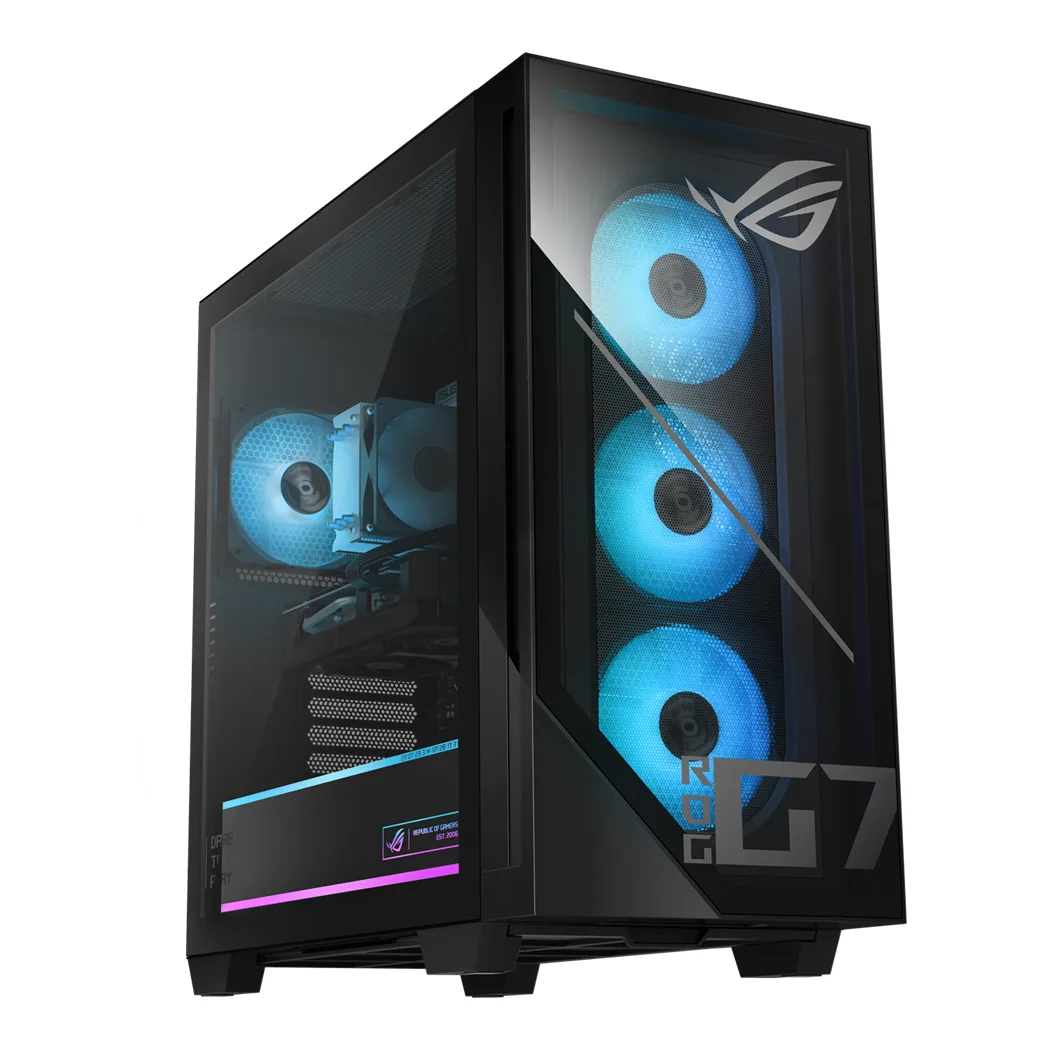 Black tower desktop PC with RGB keyboard and mouse