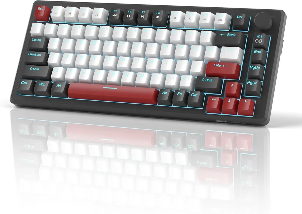 Black and white 75 percent mechanical keyboard with ice blue backlight and rotary knob
