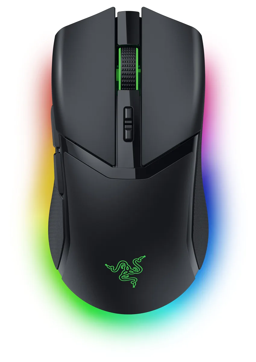 Black right-handed wireless gaming mouse with 11-zone RGB underglow