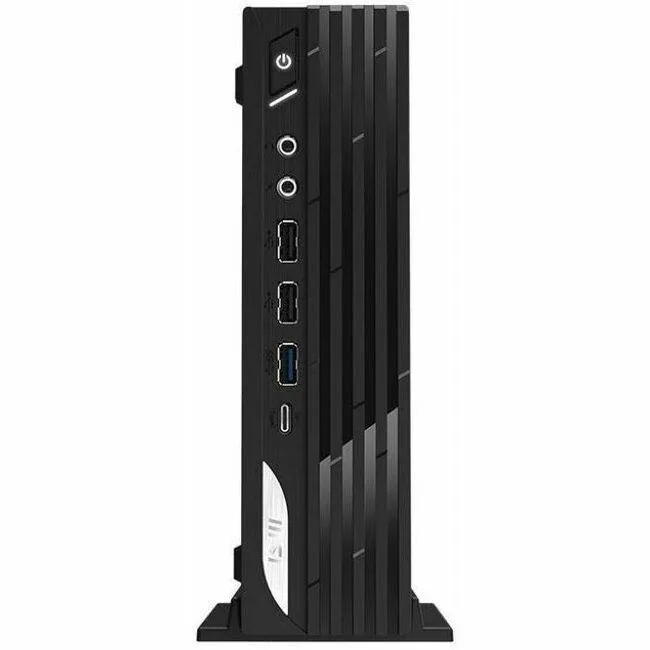 Small black rectangular desktop tower with VESA mount holes visible