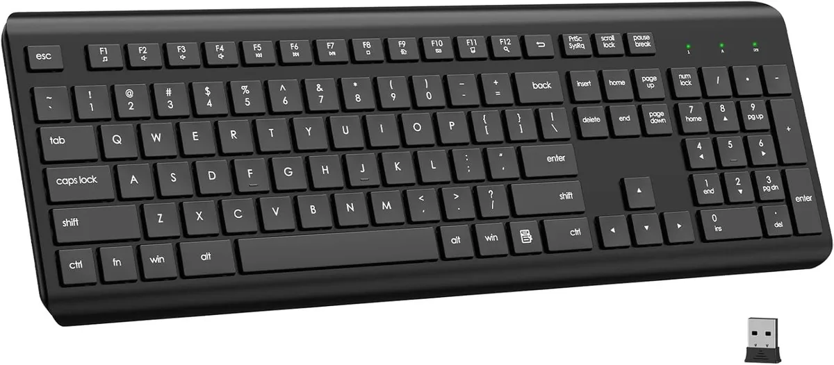 Full-size wireless keyboard with numeric keypad and 12 multimedia keys