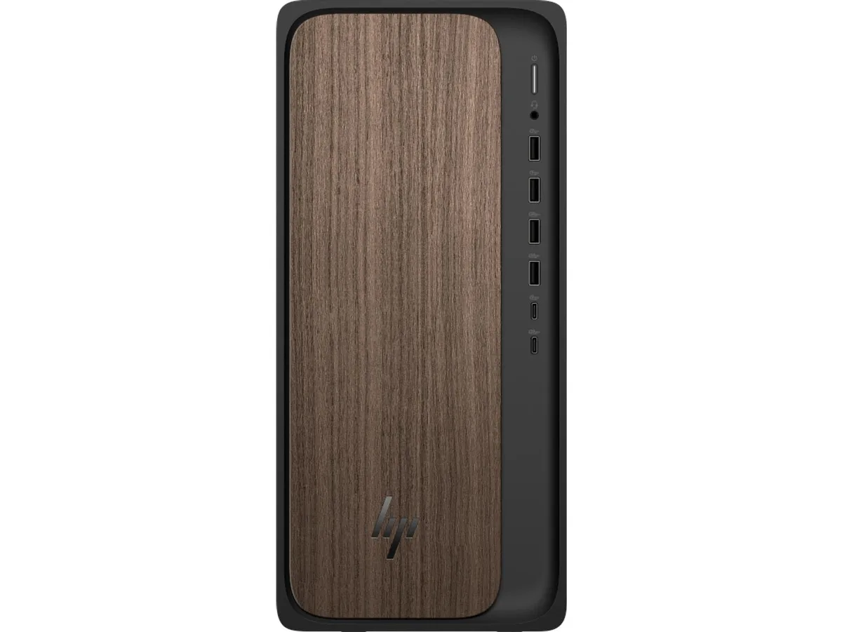 A compact black desktop tower with a wood-grain accent strip on the front panel