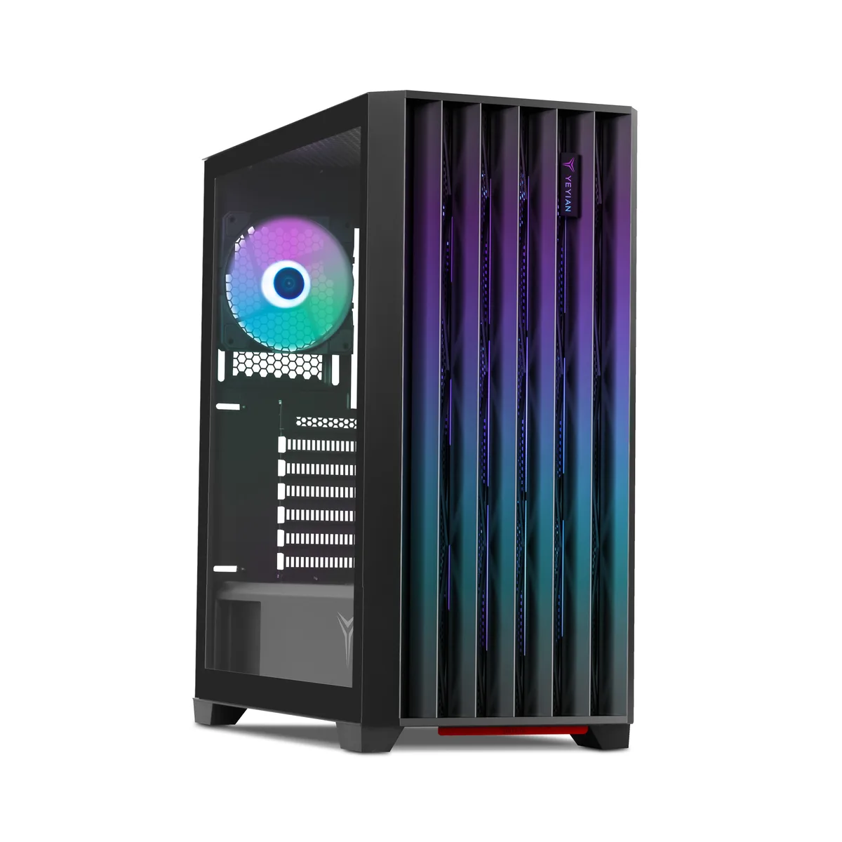 Black steel ATX mid-tower with tempered glass side panel and four 120mm ARGB fans