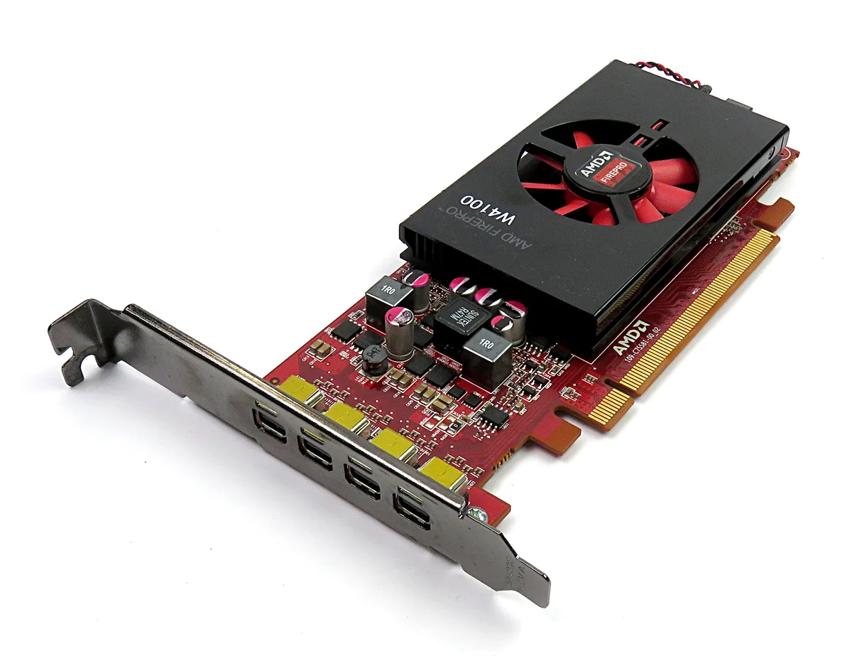 Half-height single-slot card, matte black finish, four Mini DisplayPort outputs