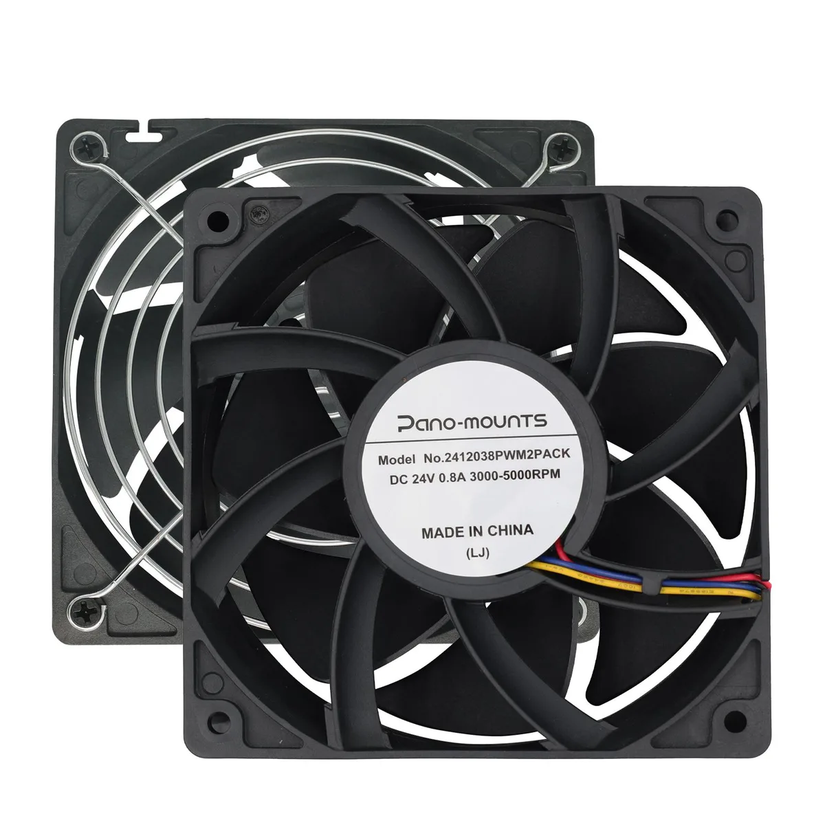 Two black 120mm PWM case fans 38mm thick with metal guards