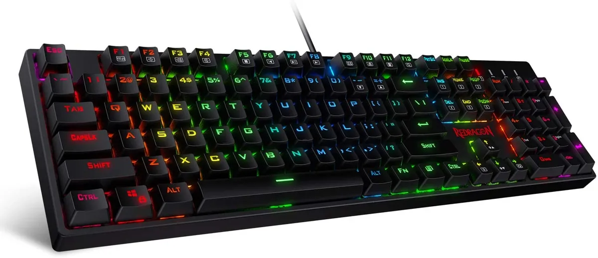 Black full-size mechanical keyboard with red linear switches and RGB backlighting