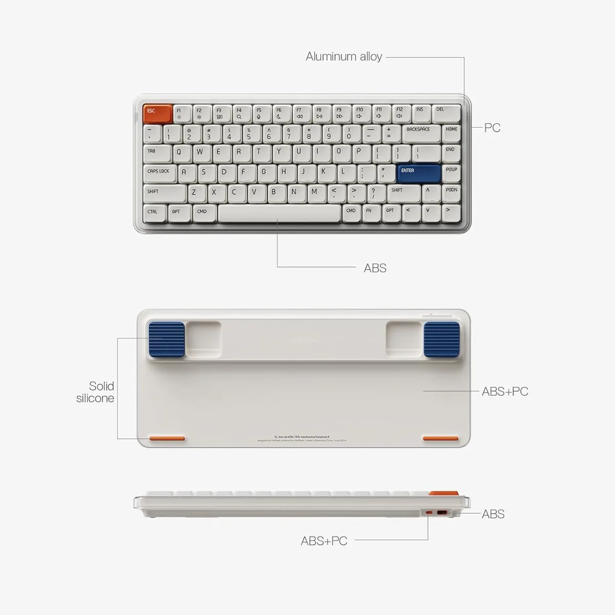 Transparent low-profile 75% keyboard with rounded corners, PBT keycaps, magnetic feet and USB-C cable