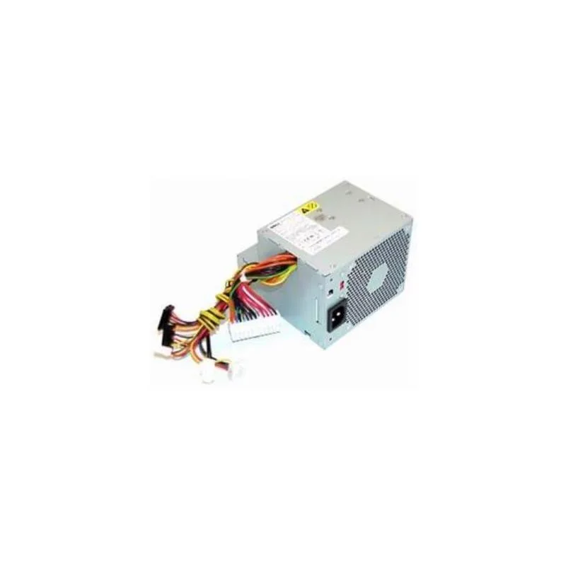 Silver rectangular metal power supply unit with rear fan grille and cable bundle