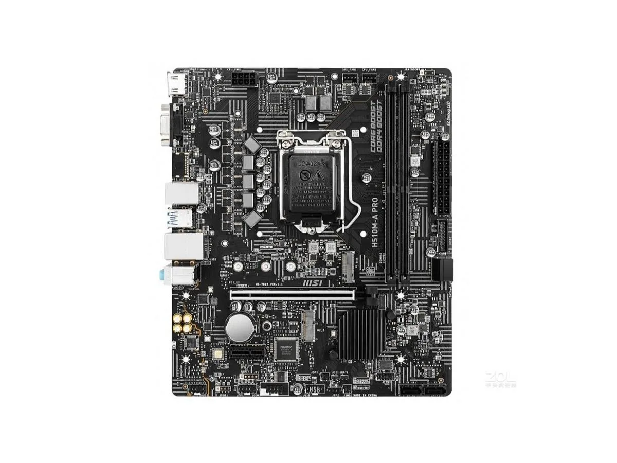 Green micro-ATX board with silver CPU socket, four black RAM slots, single PCIe x16 slot, M.2 key-E socket, four SATA ports