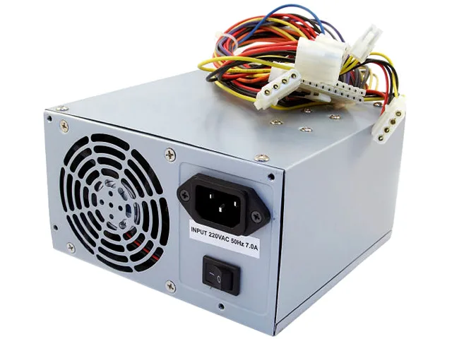 Grey rectangular metal PSU with side sticker and rear fan grille