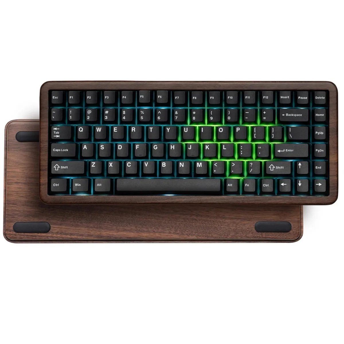 Compact 75% wireless keyboard in black with solid walnut wood case and PBT keycaps