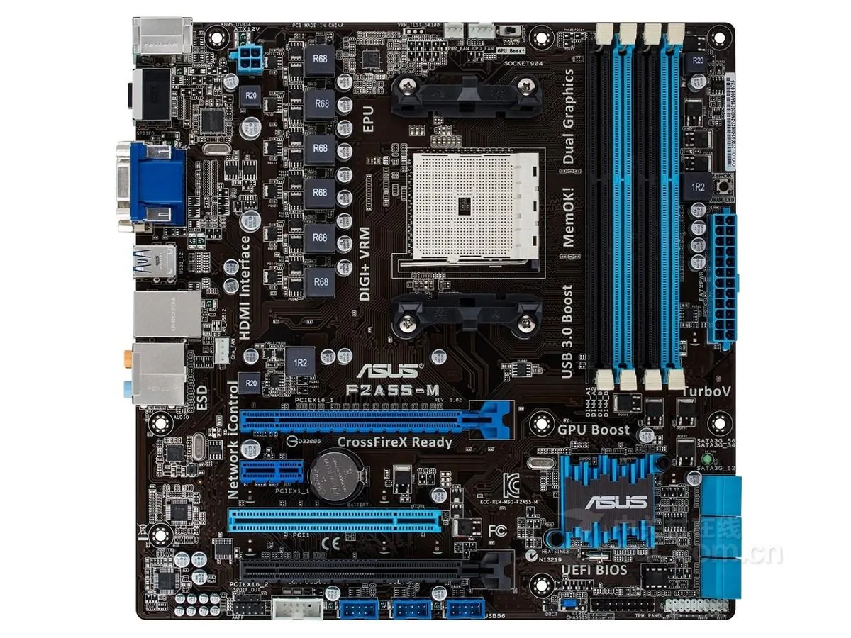 Green Micro ATX motherboard with black FM2 socket and four DDR3 slots