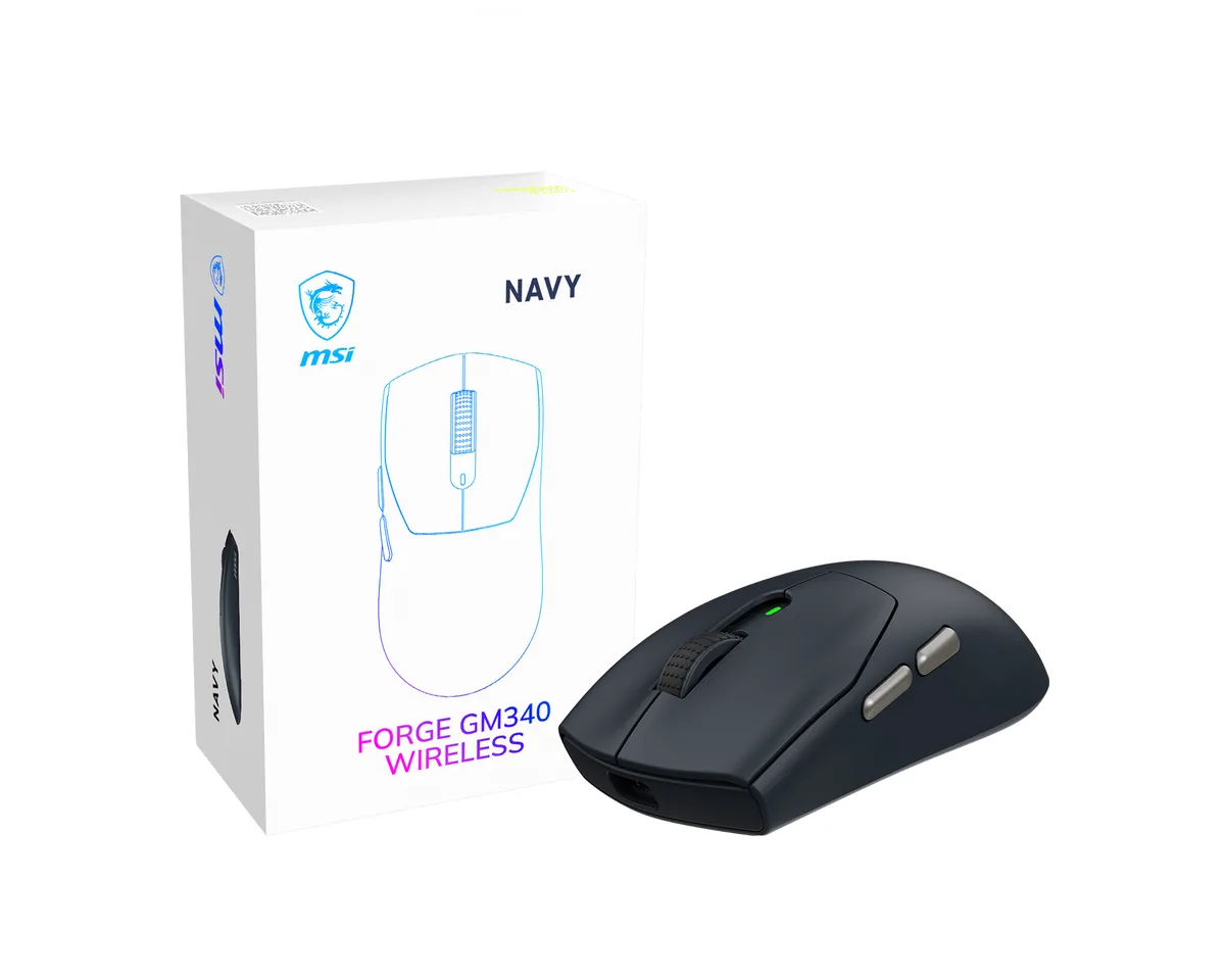 Navy wireless gaming mouse, symmetrical shape, matte finish