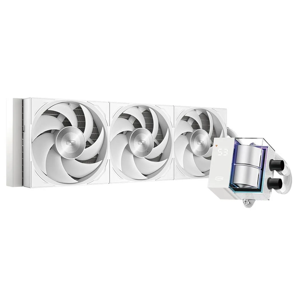 White 360 mm AIO liquid cooler with square pump block showing digital display and ARGB lighting