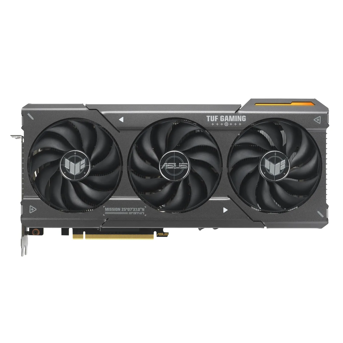 ASUS TUF Gaming Radeon RX 7600 XT graphics card with triple axial-tech fans and metal exoskeleton backplate