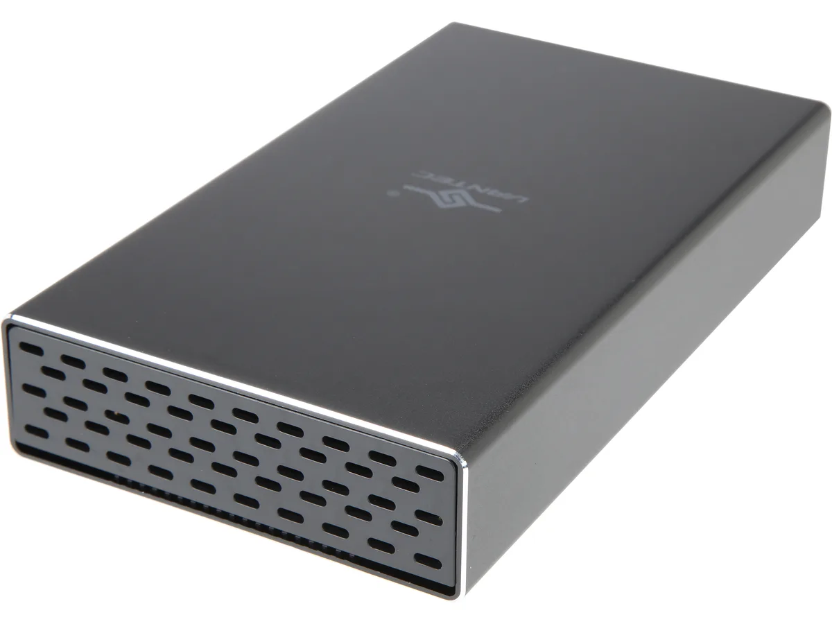 Black aluminum and plastic enclosure for 2.5" and 3.5" SATA drives with USB-C cables