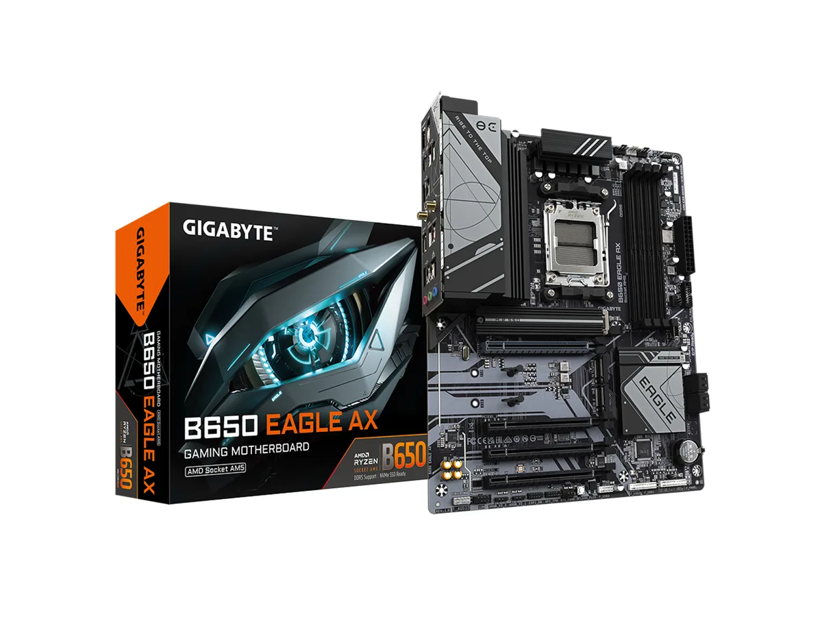 ATX motherboard in dark grey with silver heatsinks and white Eagle branding
