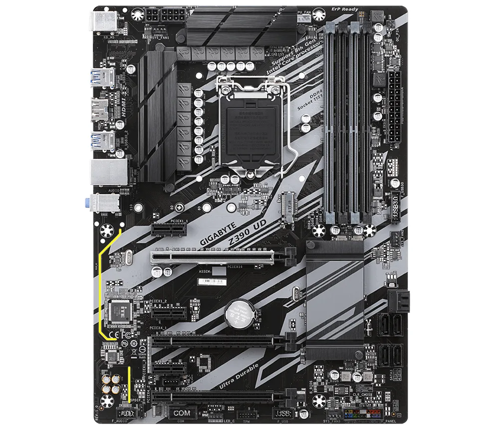 Rectangular ATX motherboard, dark PCB with silver heatsinks and LGA 1151 socket