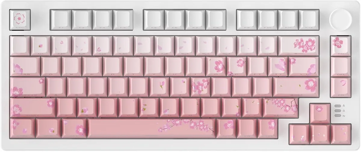 Sakura pink 75 percent wireless mechanical keyboard with rotary knob and side printed keycaps
