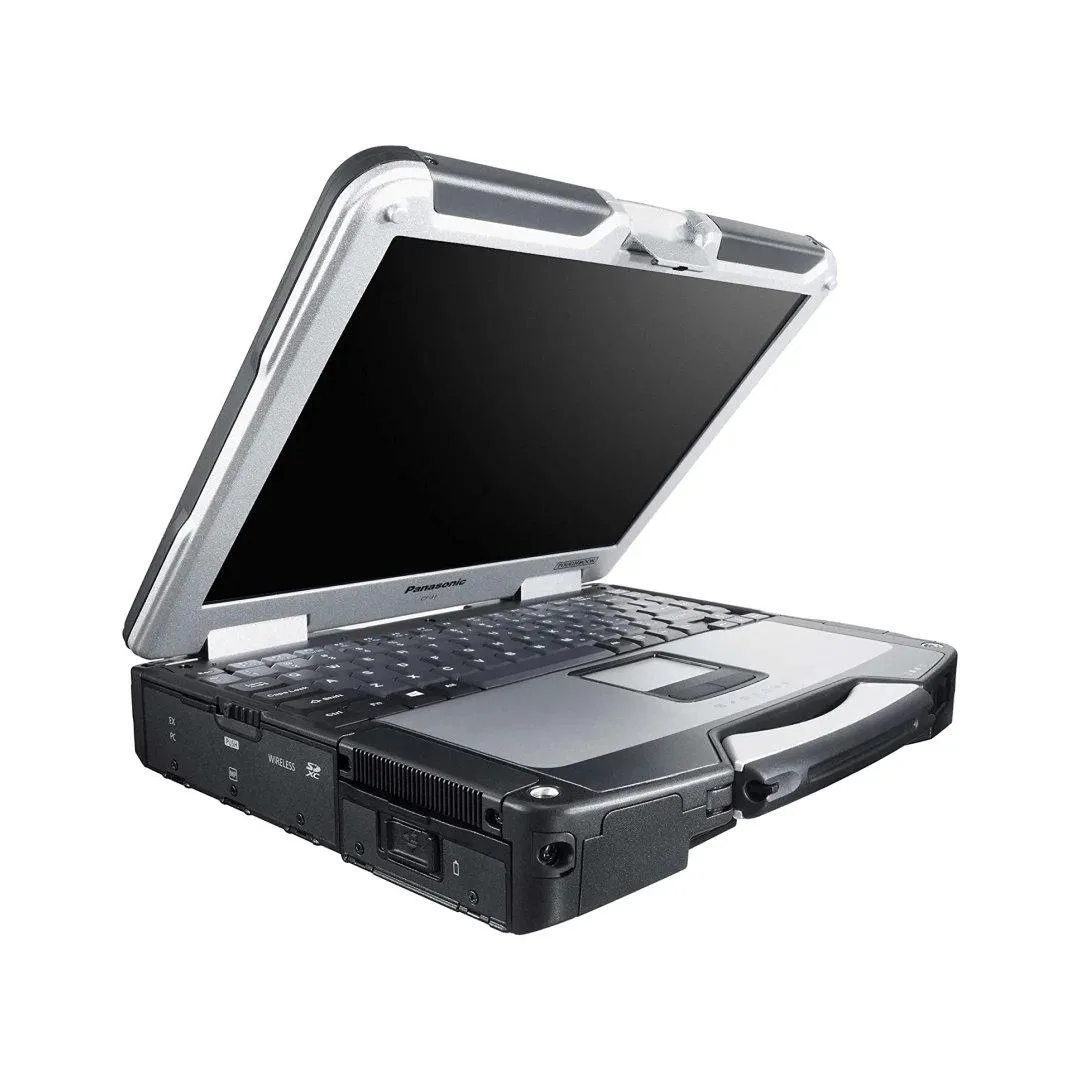 Rugged black and silver laptop with carry handle and 13.1 inch touchscreen