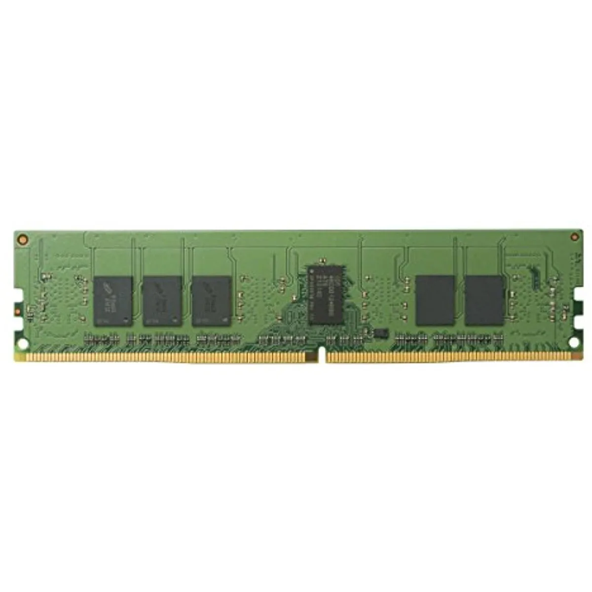 Green circuit board with black memory chips and gold edge connector