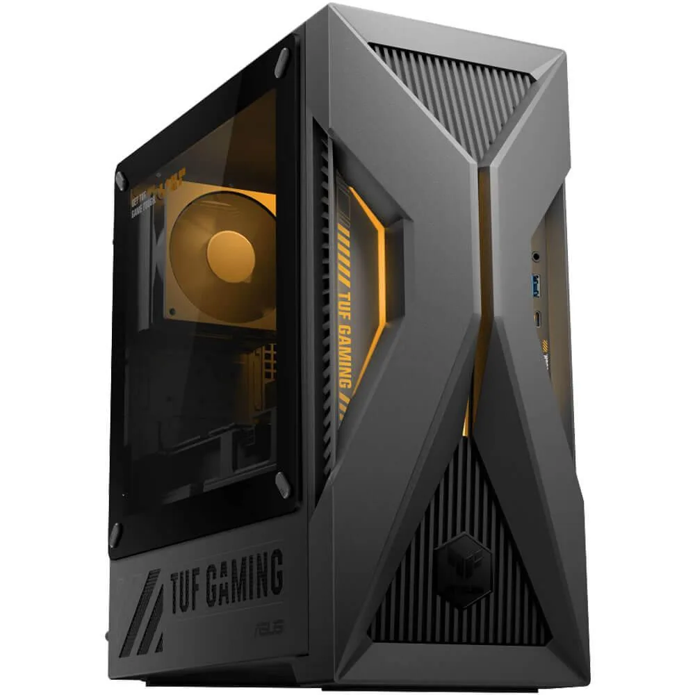 Black tower gaming PC with transparent side panel, yellow accents, RGB keyboard and mouse