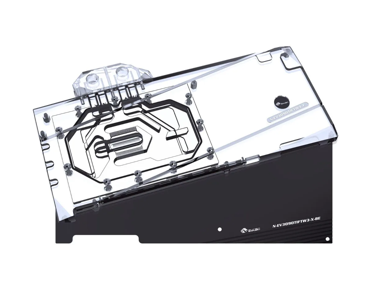 Nickel-plated copper water block with clear acrylic top and black anodized aluminium backplate, addressable RGB lighting
