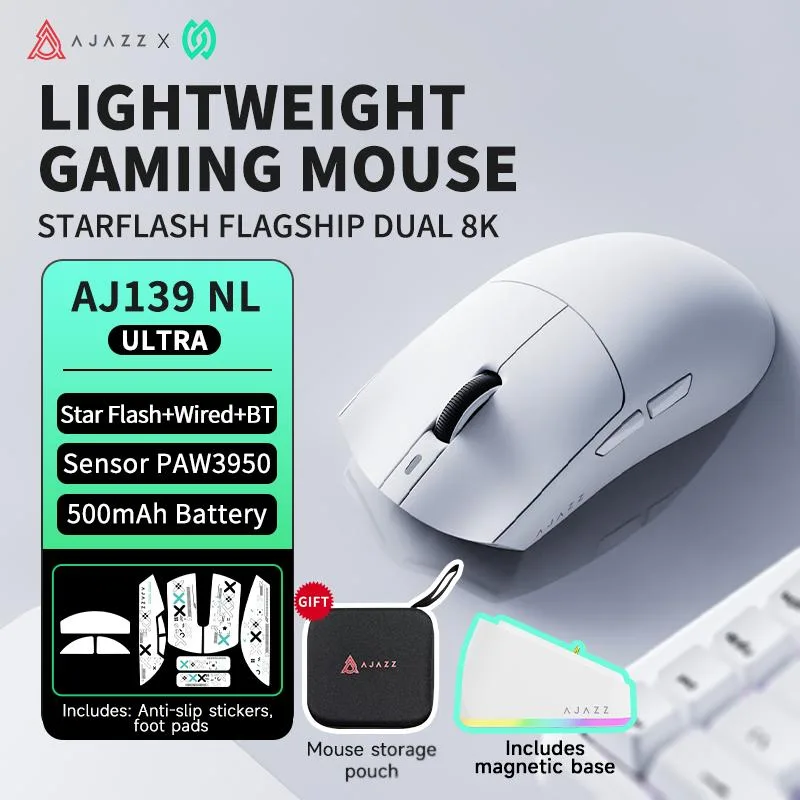 White ergonomic gaming mouse with magnetic charging dock