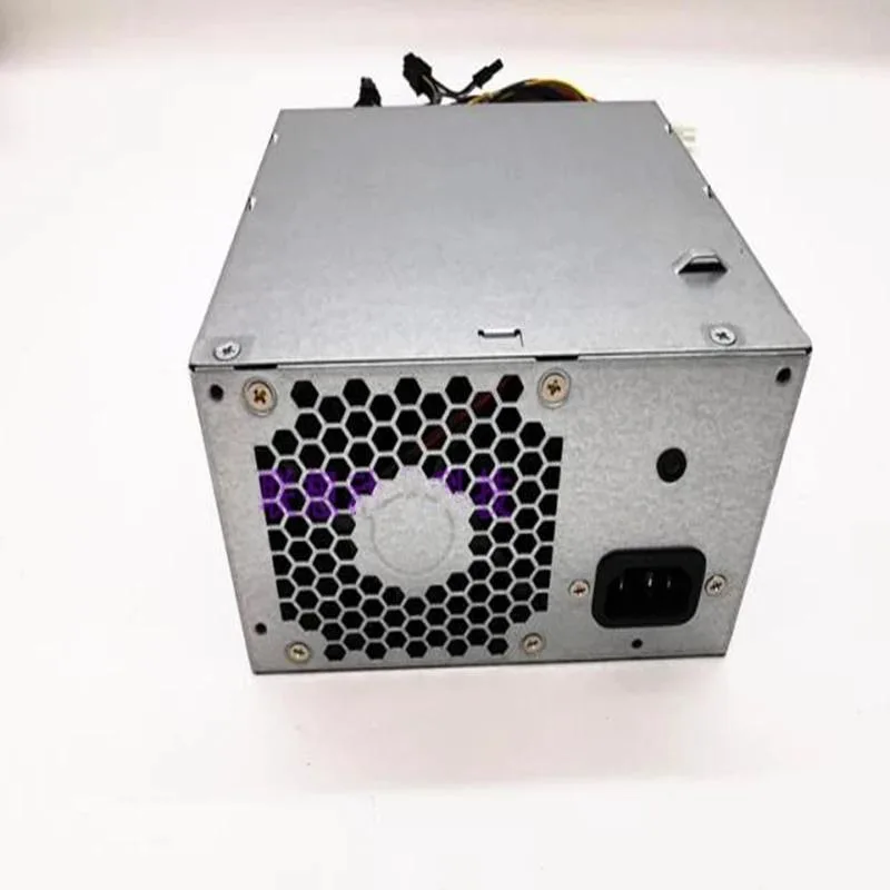Rectangular metal ATX power supply unit with cooling fan and cable bundle