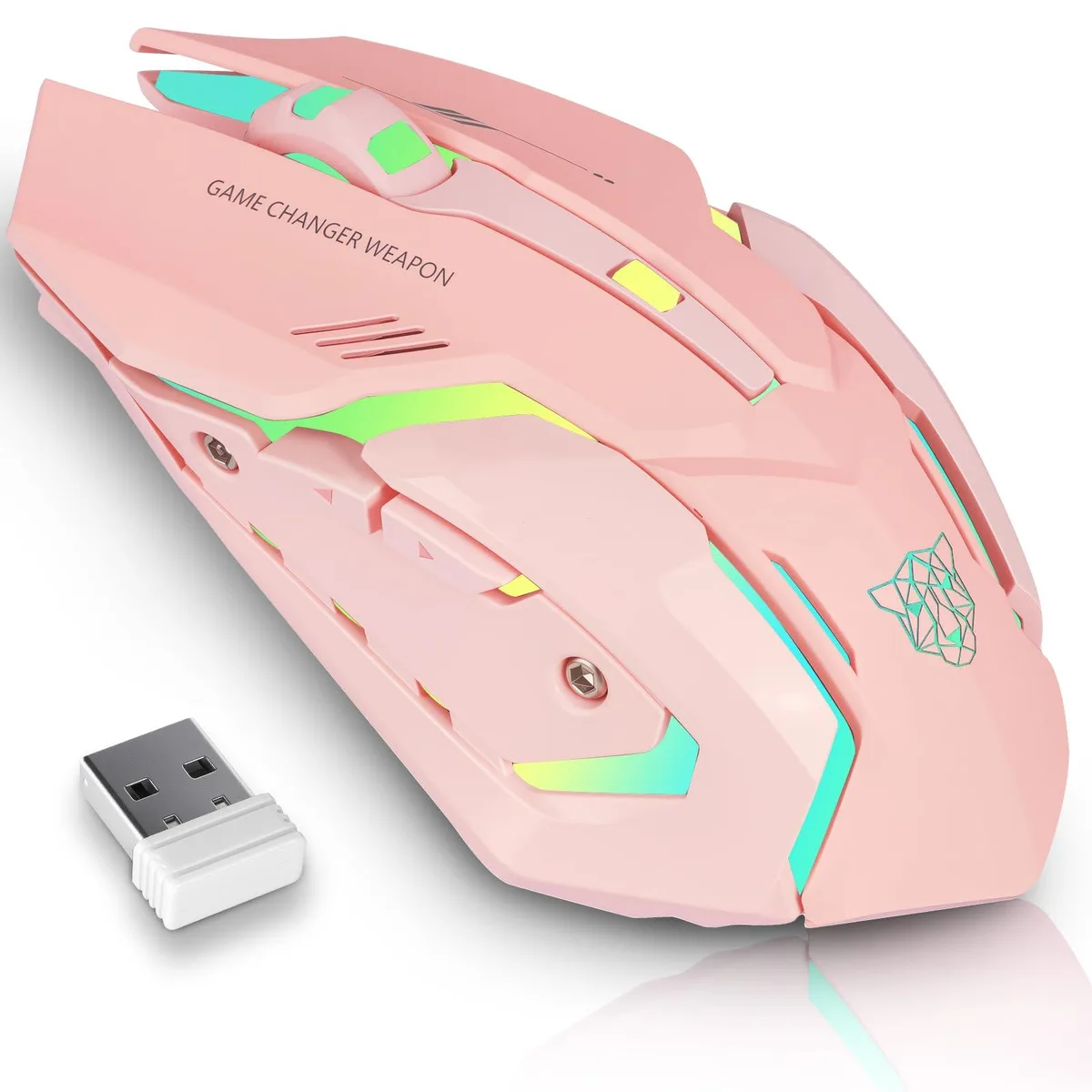 Pink ambidextrous wireless gaming mouse with six buttons and LED lighting