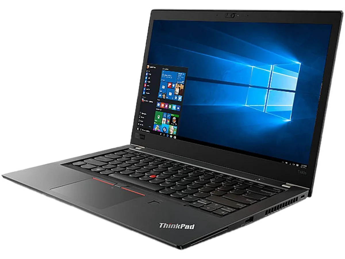 Black ThinkPad T480s laptop, matte 14 inch display, fingerprint reader, 128GB SSD, 12GB RAM
