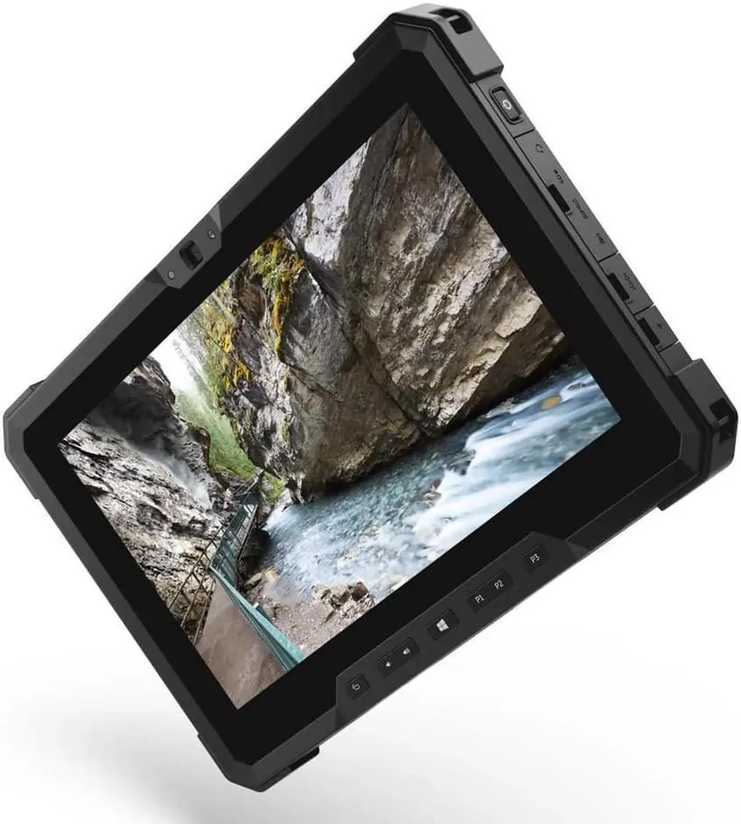 Rugged tablet with thick black bezel and rear kickstand