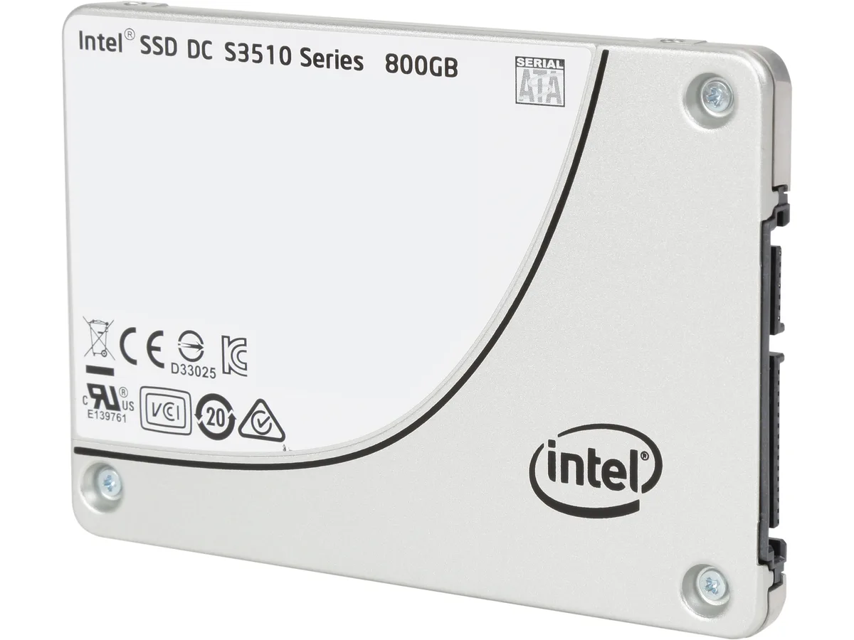 Silver rectangular 2.5 inch SATA SSD with label showing Intel DC S3510 800GB